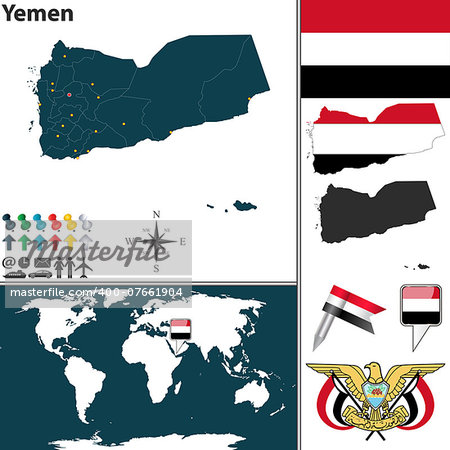 Vector map of Yemen with regions, coat of arms and location on world map