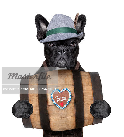 bavarian  dog holding a beer barrel with gingerbread heart