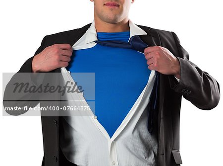 Businessman opening his shirt superhero style on white background