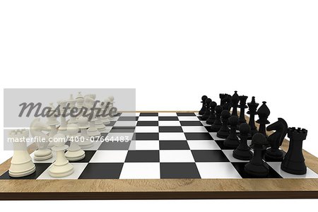 Black and white chess pieces on board on white background