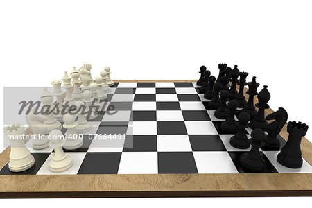 Black and white chess pieces on board on white background