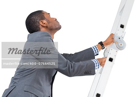 Businessman climbing up ladder on white background