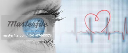 Blue eye on grey face against medical background with red ecg line