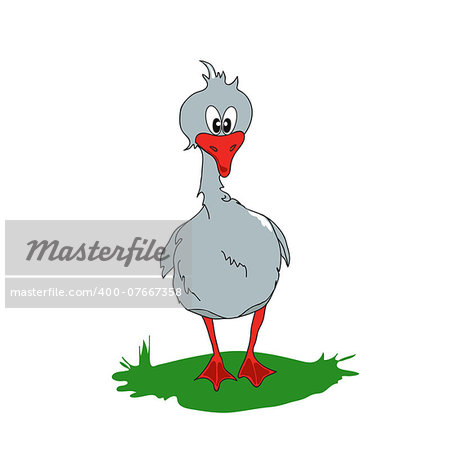 Cartoon gray goose on a green glade. Vector illustration.