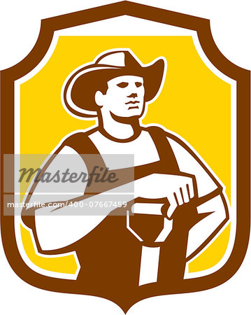 Illustration of organic farmer holding shovel set inside shield crest done in retro style on isolated background.