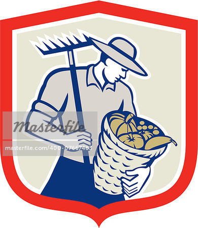 Illustration of organic farmer with rake and basket of harvest crop of vegetables facing side set inside shield crest done in retro style.