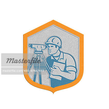 Metallic styled illustration of a surveyor geodetic engineer with theodolite instrument surveying viewed from side set inside shield crest done in retro style on isolated white background.