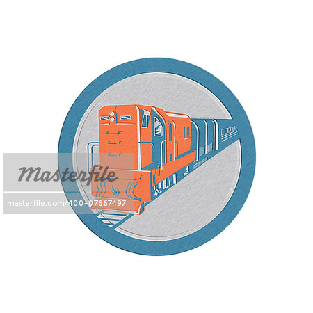 Metallic styled illustration of a diesel train viewed from front set inside circle on isolated white background done in retro style.