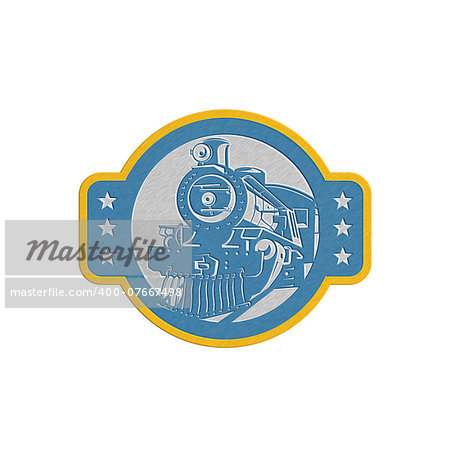 Metallic styled illustration of a steam train locomotive viewed from front set inside circle done in retro style on isolated white background.
