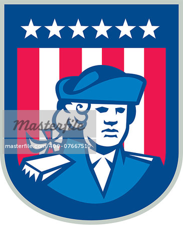 Illustration of an American Patriot head bust facing front with stars and stripes in the background set inside shield done in retro style.