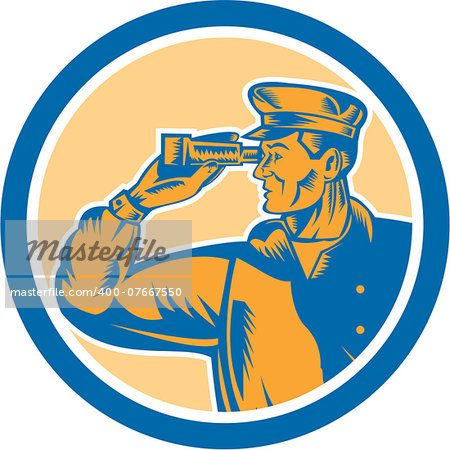 Illustration of a fisherman sea captain with binoculars facing side set inside circle on isolated background done in retro style.