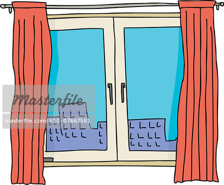 Casement window frame with view of apartment building
