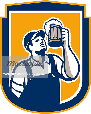 Retro style illustration of a bartender worker toasting mug of beer ale ooking up set inside circle on isolated white background.