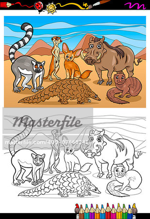 Coloring Book or Page Cartoon Illustration of Black and White Funny African Mammals Animals Characters Group for Children