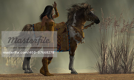 White Feather looks through a morning fog for a family member in an American Indian camp of teepees.