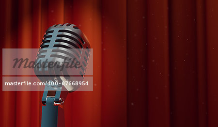3d retro microphone on red curtain background, with magical particles in the air