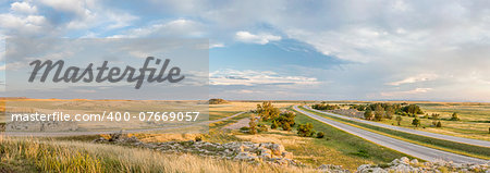 panoramic view (looking south) of northern Colorado prairie and I-25 freeway at Natural Fort