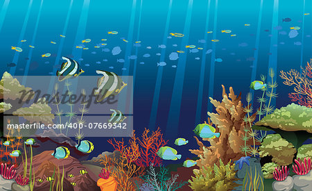 Coral reef with sea creatures. Underwater nature vector.