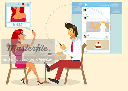 Man and woman are sitting in a cafe and taking a photo of a cake for social networking. Contains EPS10 and high-resolution JPEG