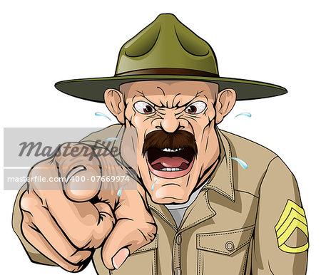 An illustration of a cartoon angry boot camp drill sergeant character
