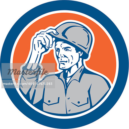 Illustration of a builder construction worker tipping hardhat set inside circle on isolated background done in retro style.