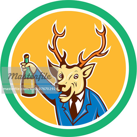 Illustration of a stag deer buck head holding wine bottle set inside circle on isolated background done in cartoon style.