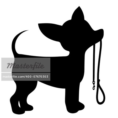 A cartoon black silhouette of a Chihuahua with a leash in its mouth