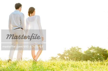 Rear view of young couple holding hands in park against clear sky