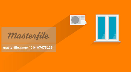 Vector illustration of orange wall with white window and the air conditioner.