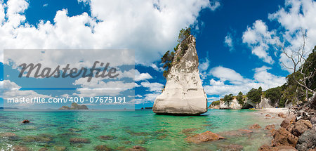 Beautiful Te Hoho Rock at Cathedral Cove Marine Reserve, Coromandel Peninsula, New Zealand. Panoramic photo,