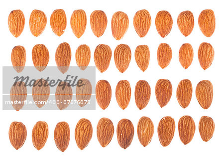 Almond nuts collection top view isolated on white background