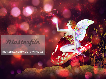 3d flower fairy on mushroom over colorful bokeh background.