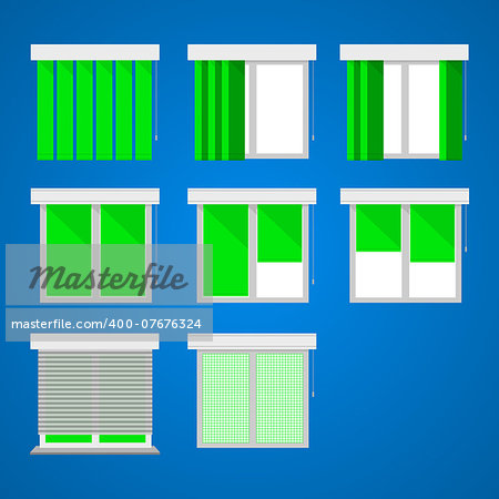 Set of vector icons for windows with green curtains and louvers on blue.