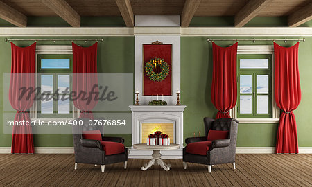 Luxury living room with fireplace, two leather armchair and christmas decoration - rendering