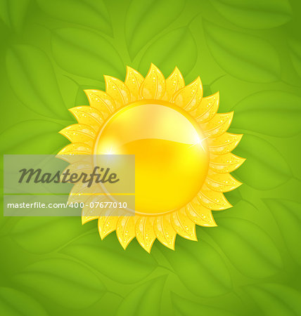 Illustration abstract sun on green leaves texture, eco friendly background - vector