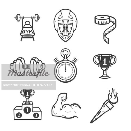 Collection of sport icons. Sport equipment. Vector icons set isolated on white background.