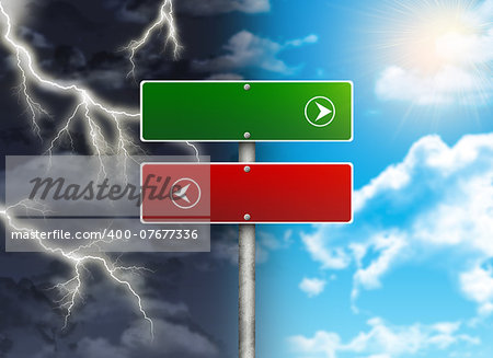 Crossroads road sign. Color sky and thunder as backdrop