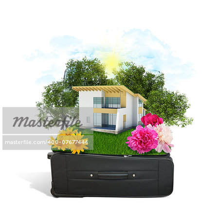 House, trees and green grass in travel bag. Isolated on white background