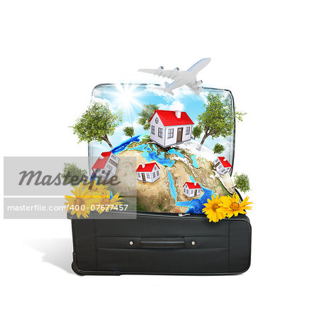 Earth with houses, trees and green grass in travel bag. Elements of this image are furnished by NASA