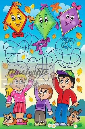 Maze 9 outdoor children with kites - eps10 vector illustration.