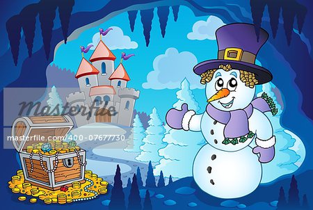 Winter cave with snowman - eps10 vector illustration.