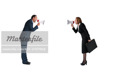 business concept conflict megaphone businessman and businesswoman isolated on white