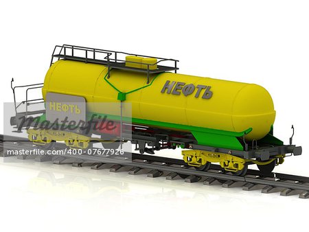 Railway tank of the wanted colour with golden inscription oil. Concept shiny coach tank stands on spare on railroad fetter