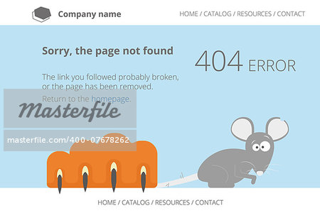 Gray mouse under cat's paw. Page not found Error 404. Text outlined. Used free font Open Sans