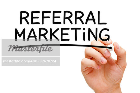 Hand writing Referral Marketing with black marker on transparent wipe board.