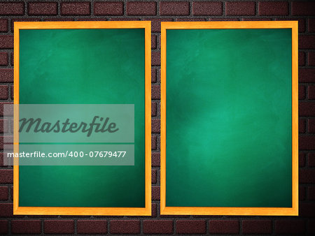 Illustration of two blank green chalkboards in wooden frame on brick wall.