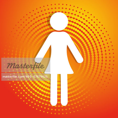 White vector woman icon on orange halftone background