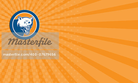 Business card showing illustration of a bear head angry set inside circle on isolated background done in retro style.