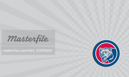 Business card showing illustration of a grizzly bear head looking to the side set inside circle on isolated background done in retro style.