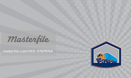 Business card showing illustration of a container truck and trailer set inside shield crest shape on isolated background done in retro style.